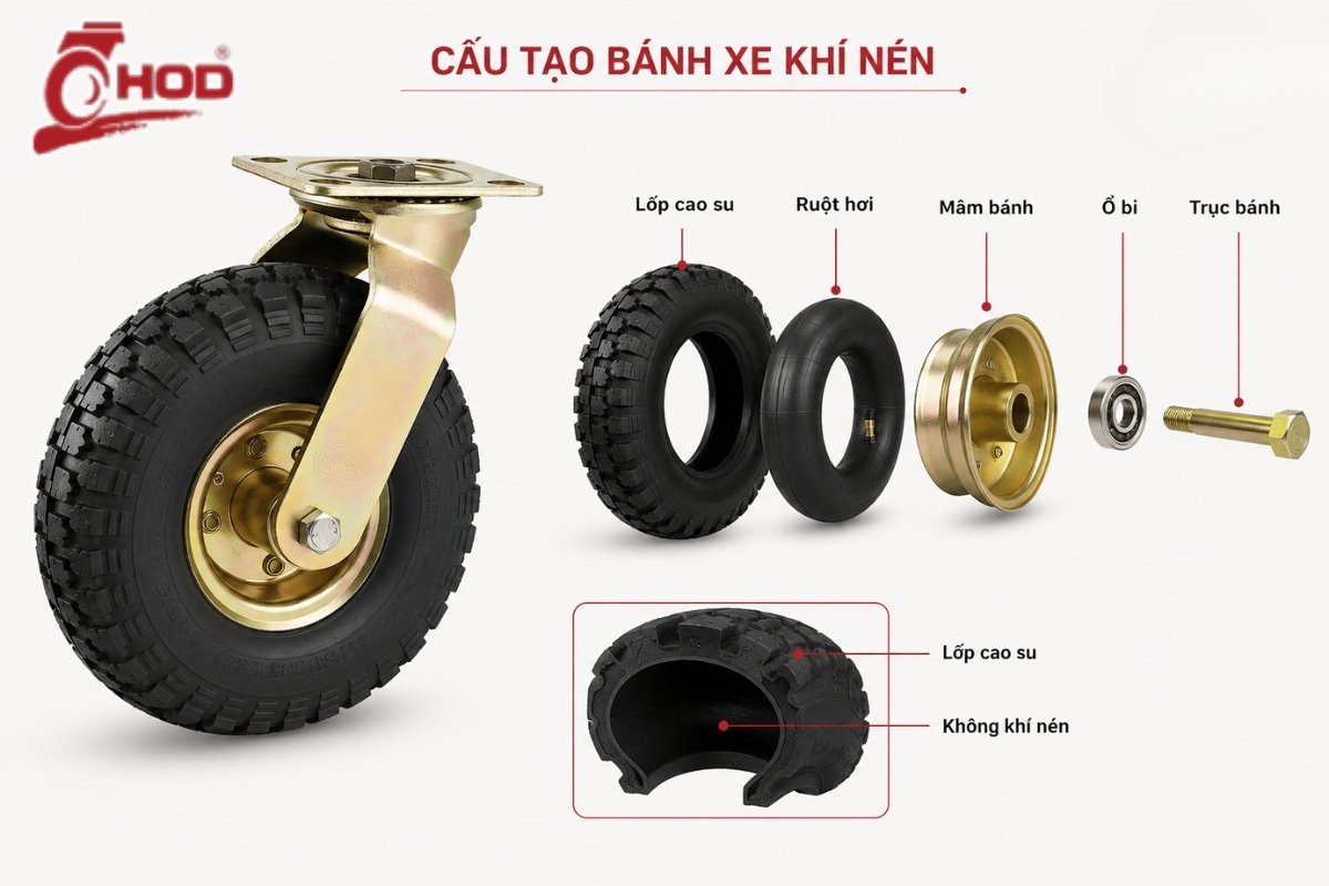 Bánh xe khí nén dùng cho xe đẩy trên nền gồ ghề
