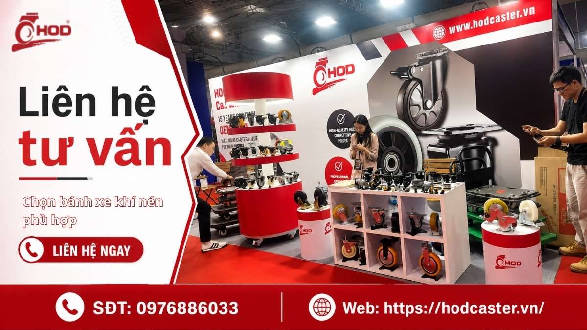 Kỹ thuật viên tư vấn chọn bánh xe khí nén theo xe đẩy và mặt nền