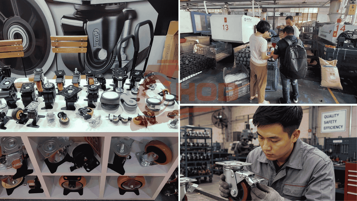 Kỹ thuật viên kiểm tra càng bánh xe đẩy bị gãy