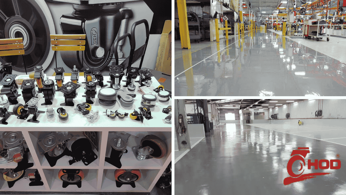 Xe đẩy công nghiệp dùng bánh xe có phanh và khóa sàn trong kho hàng