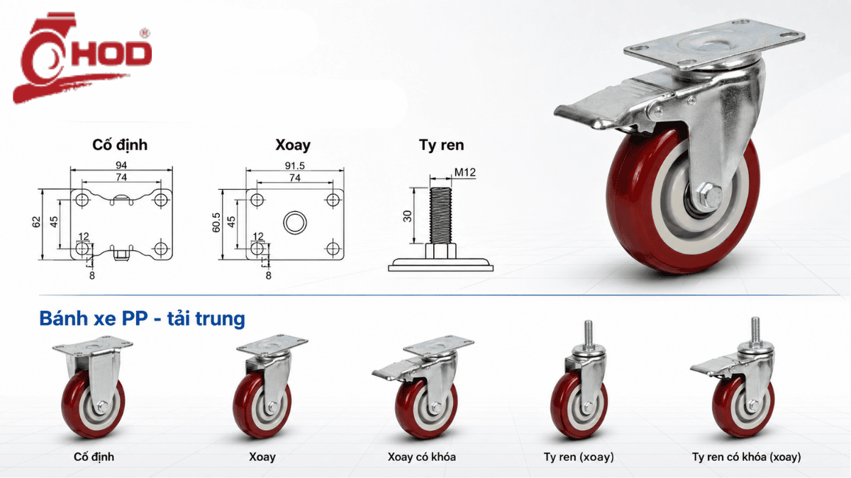 Thông số kỹ thuật trên bản vẽ của bánh xe càng inox