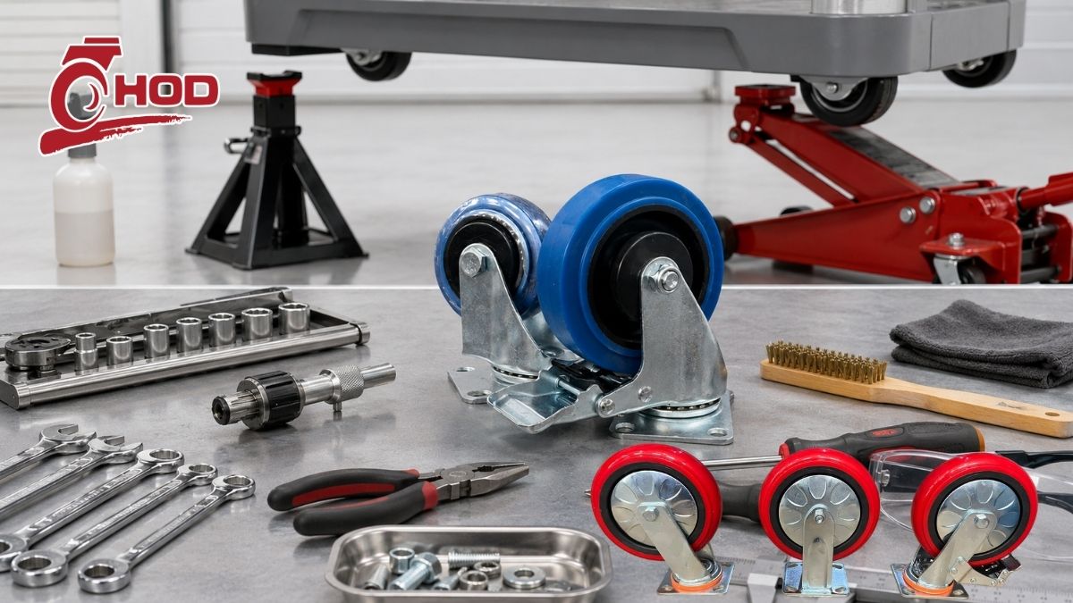 Chuẩn bị dụng cụ và kê xe trước khi tháo bánh xe đẩy