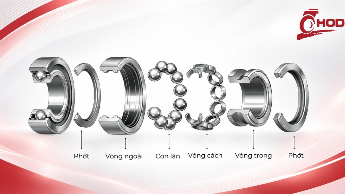 Cấu tạo vòng trong vòng ngoài con lăn và vòng cách của ổ bi
