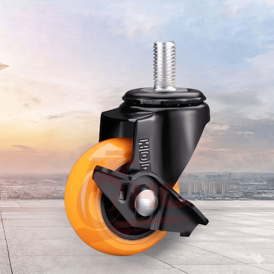 bánh xe đẩy tải nhẹ PU càng xoay trục ren có khóa