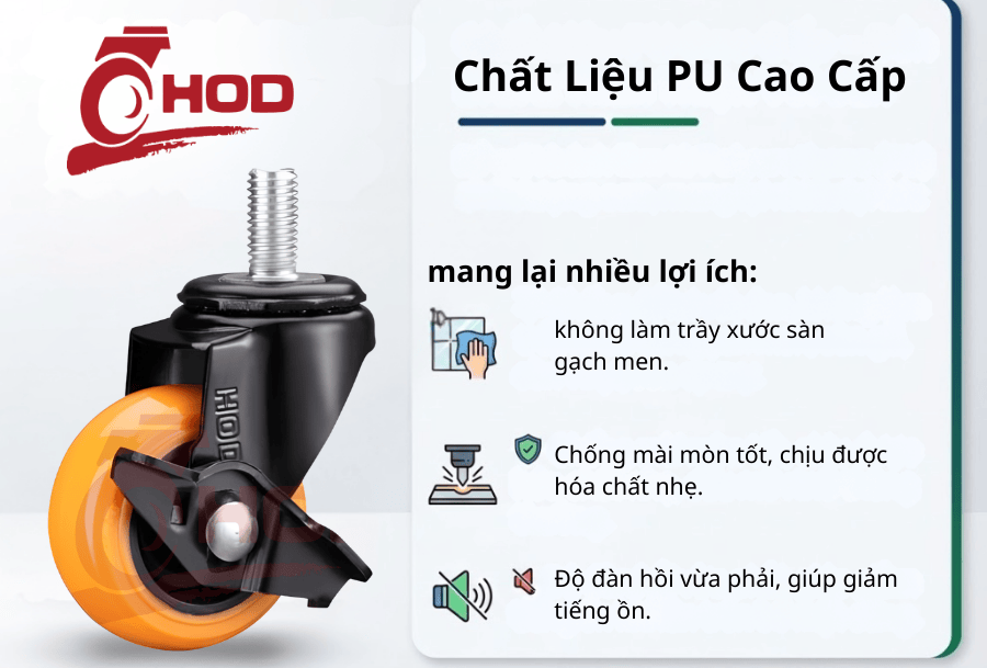 bánh xe đẩy tải nhẹ PU càng xoay trục ren có khóa
