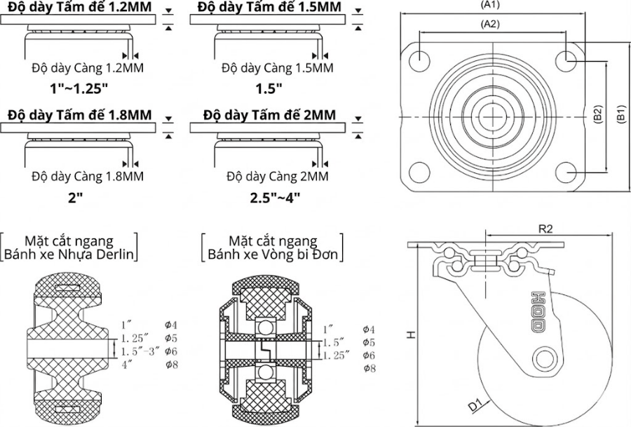 Bánh Xe Đẩy Tải Nhẹ PU Càng Cố Định