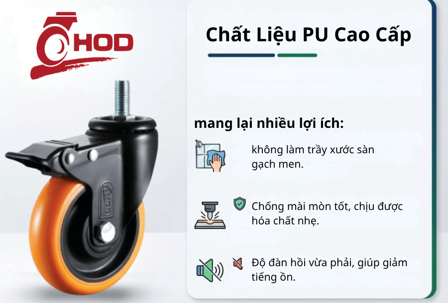 Bánh Xe Đẩy chịu tải trung Càng Xoay Trục Ren (Có Khóa)