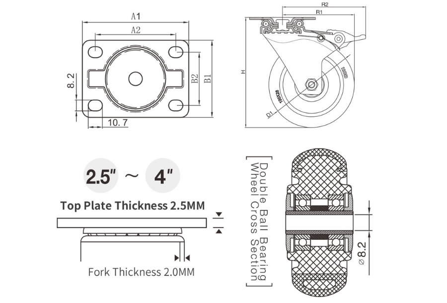 Bánh Xe Đẩy chịu tải trung Càng Xoay Trục Ren (Có Khóa)