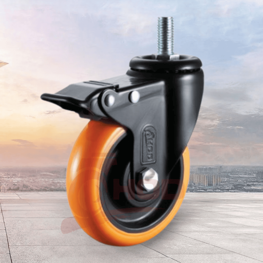 Bánh Xe Đẩy chịu tải trung Càng Xoay Trục Ren (Có Khóa)