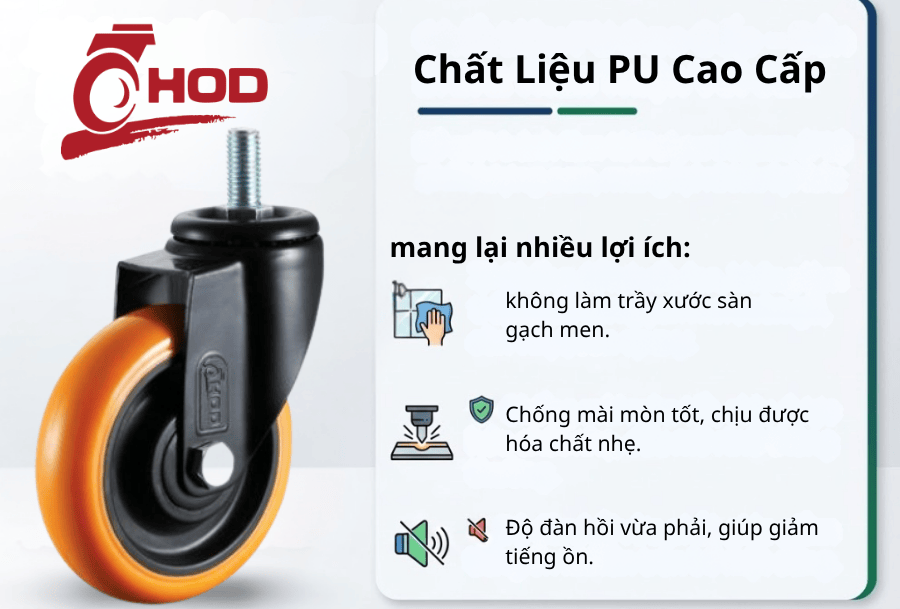 Bánh Xe Đẩy chịu tải trung Càng Xoay Trục Ren (Không Khóa)