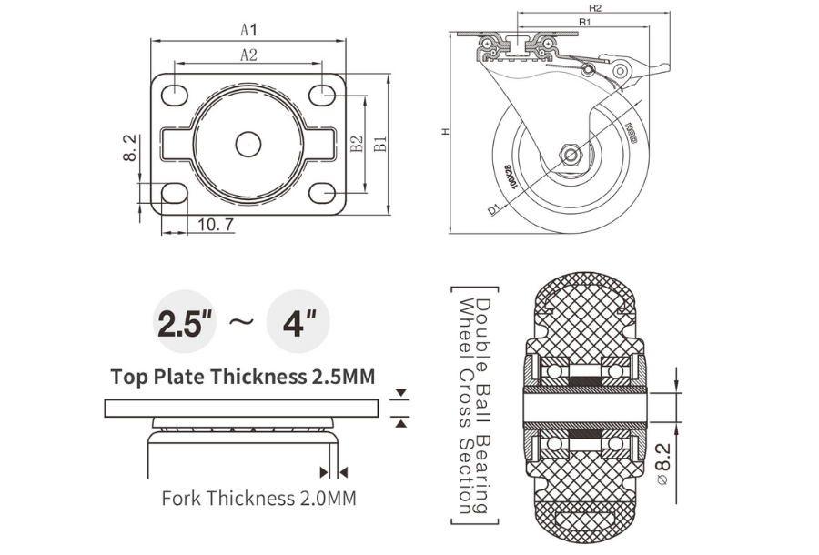 Bánh xe đẩy chịu tải trung càng xoay (không khóa)