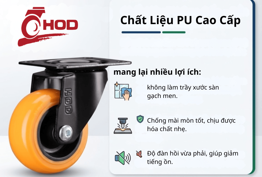 Bánh xe đẩy tải nhẹ PU càng xoay (không khóa)