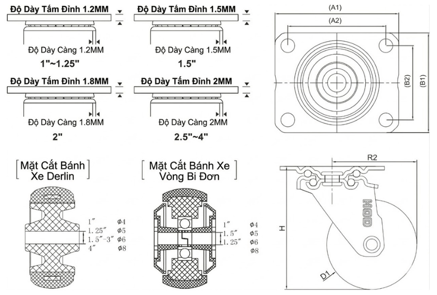 Bánh xe đẩy tải nhẹ TPR càng xoay (không khóa)