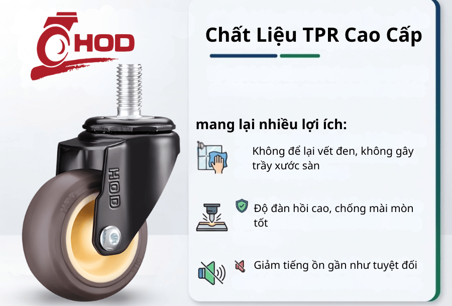Bánh xe đẩy tải nhẹ TPR càng xoay trục ren 