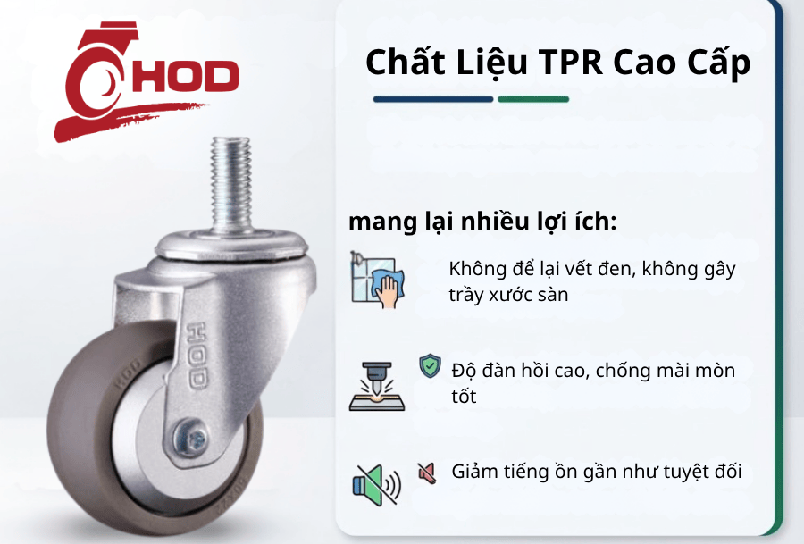 Bánh xe đẩy tải nhẹ càng xoay trục ren (không khóa) 10-50kg