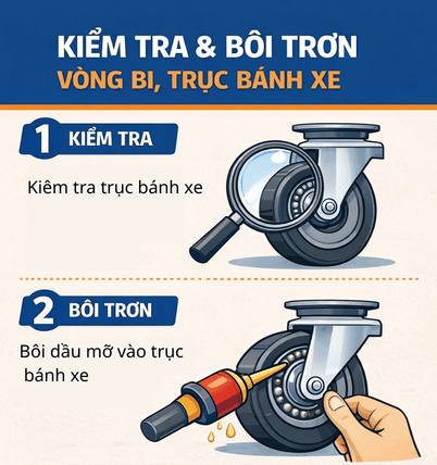 Kiểm tra và bôi trơn vòng bi, trục bánh xe
