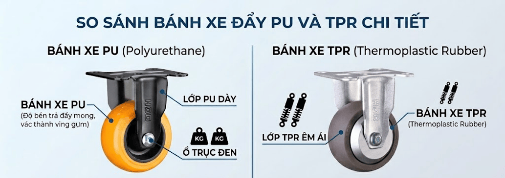 So Sánh Bánh Xe Đẩy PU Và TPR Chi Tiết